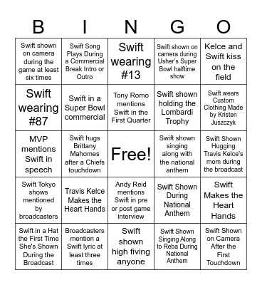 T. Swift Super Bowl BINGO 2024 Bingo Card