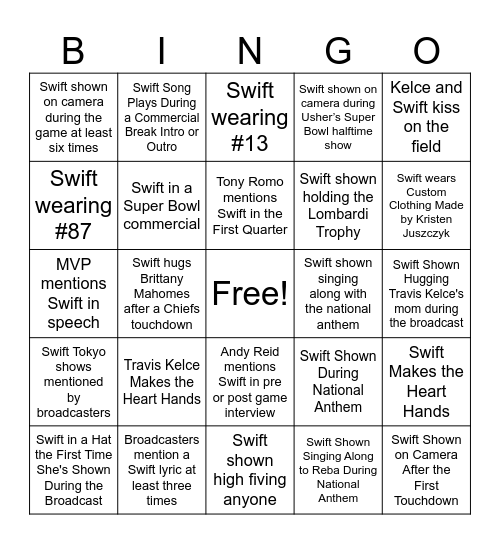 T. Swift Super Bowl BINGO 2024 Bingo Card