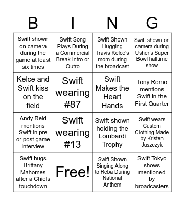 T. Swift Super Bowl BINGO 2024 Bingo Card