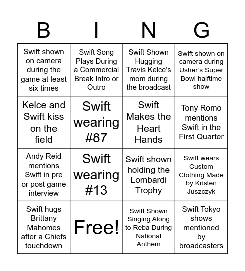 T. Swift Super Bowl BINGO 2024 Bingo Card