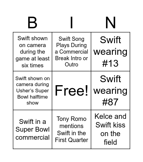 T. Swift Super Bowl BINGO 2024 Bingo Card