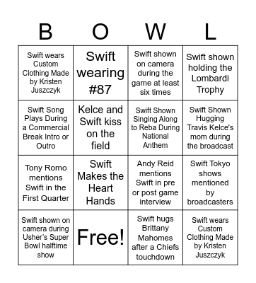 T. Swift Super Bowl BINGO 2024 Bingo Card