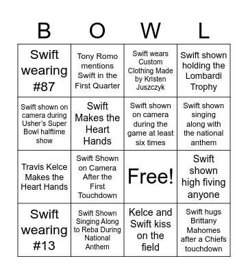 T. Swift Super Bowl BINGO 2024 Bingo Card