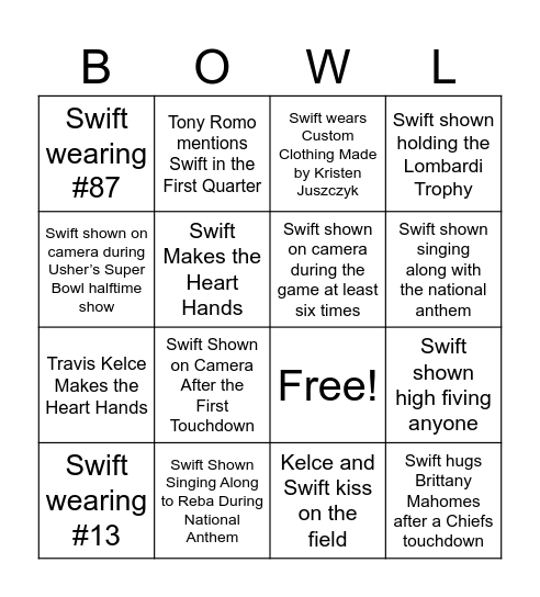 T. Swift Super Bowl BINGO 2024 Bingo Card