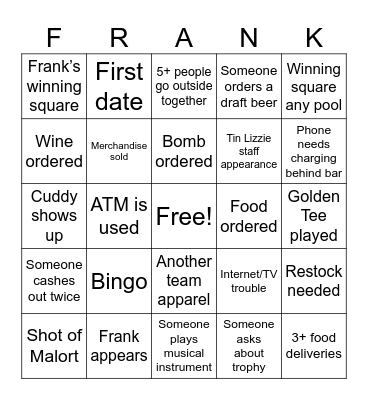 Frank’s Super Bingo Bowl Bingo Card