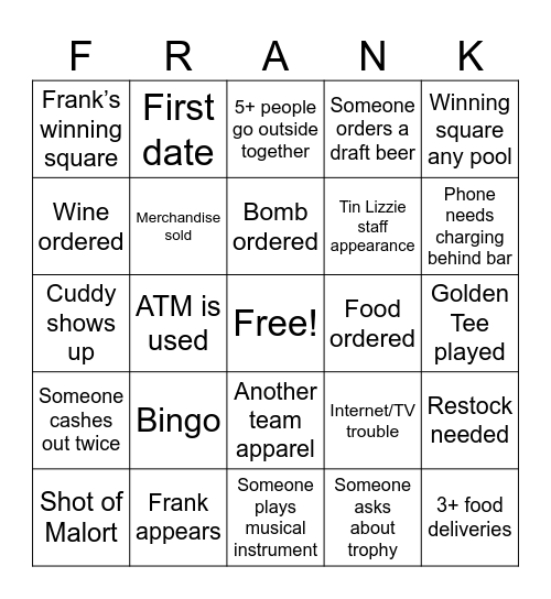 Frank’s Super Bingo Bowl Bingo Card
