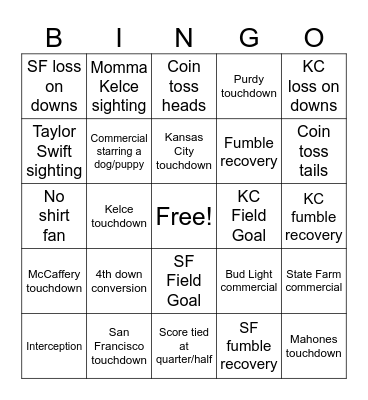 Super Bowl 2024 Bingo Card