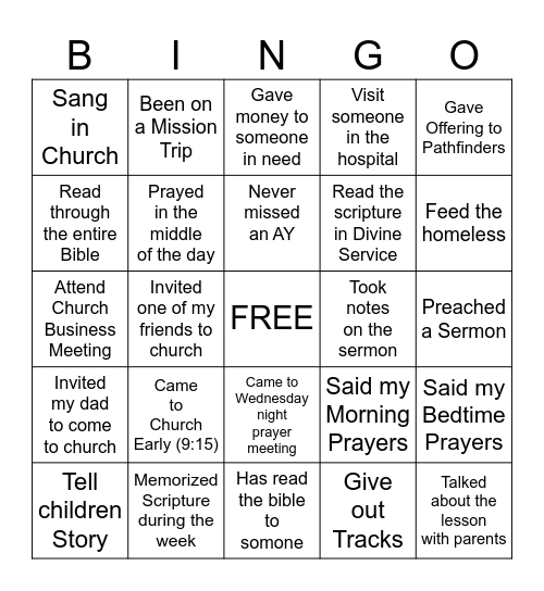 Church Bingo Card