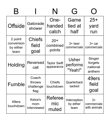 Super Bowl Bingo Card