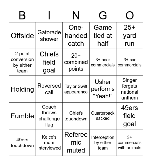 Super Bowl Bingo Card