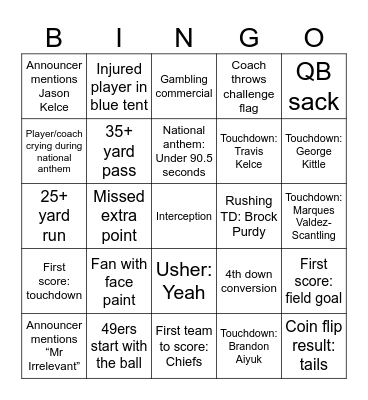 Superbowl LVIII Bingo Card