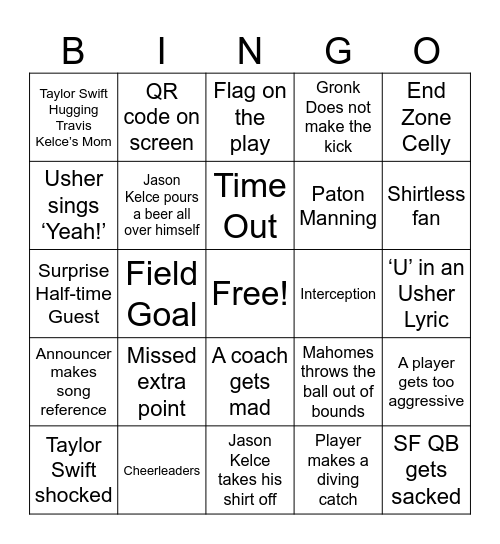 Superbowl 2024 Bingo Card