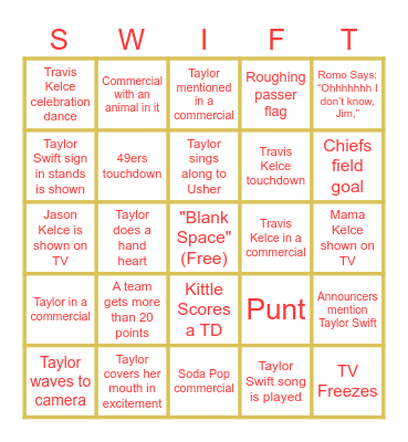 Taylor Swift Super Bowl Bingo Card
