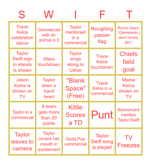 Taylor Swift Super Bowl Bingo Card