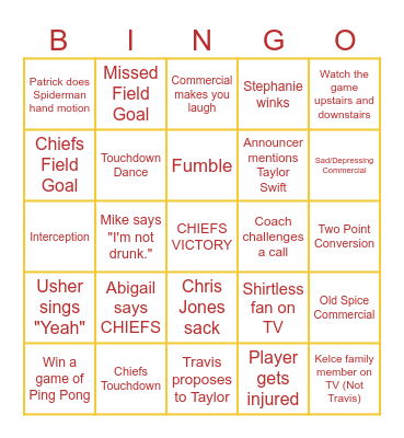 Super Bowl Bingo Card