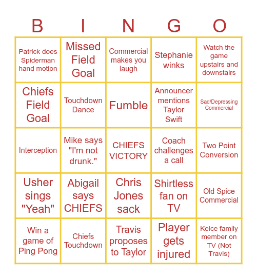 Super Bowl Bingo Card