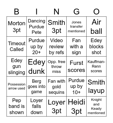 Purdue Basketball Bingo Card