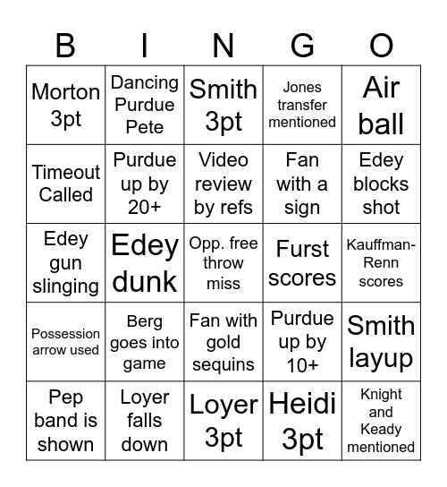 Purdue Basketball Bingo Card