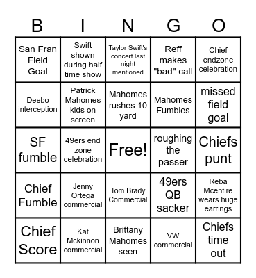 Super Bowl 2024 Bingo Card