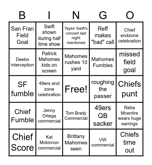 Super Bowl 2024 Bingo Card