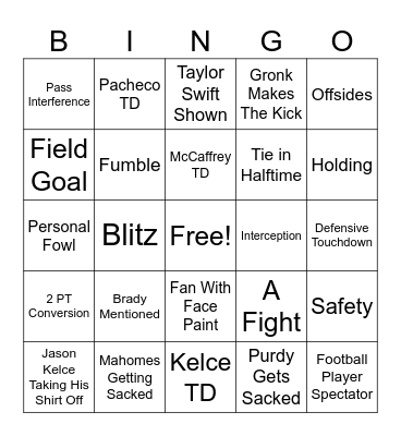 Super Bowl Bingo Card