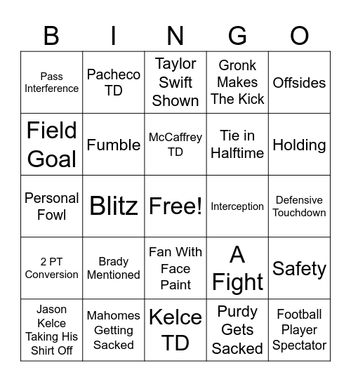 Super Bowl Bingo Card