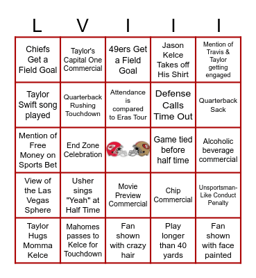 Superbowl LVIII Bingo Card