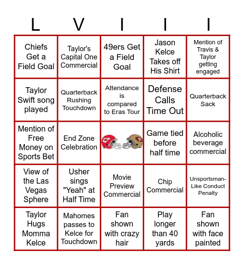 Superbowl LVIII Bingo Card