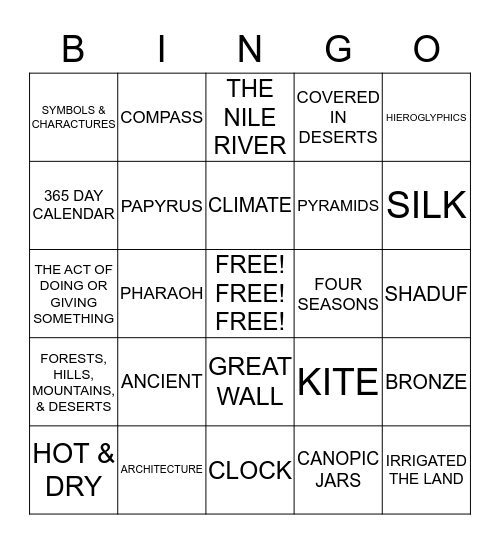 CHINA & EGYPT BINGO Card