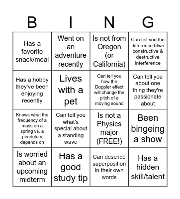 Review/Icebreaker Bingo! CE PHYS 202 Session 5 Bingo Card