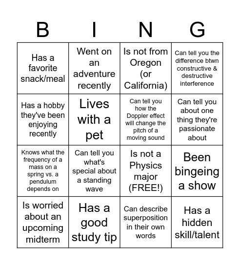 Review/Icebreaker Bingo! CE PHYS 202 Session 5 Bingo Card