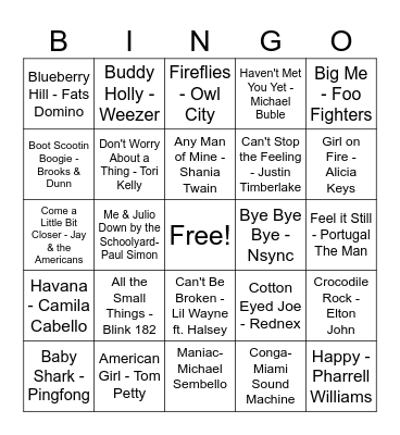 Musical Bingo Card