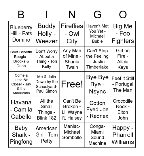 Musical Bingo Card