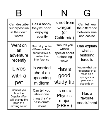 Review & Icebreaker Bingo!   CE PHYS 202 Session 5 Bingo Card