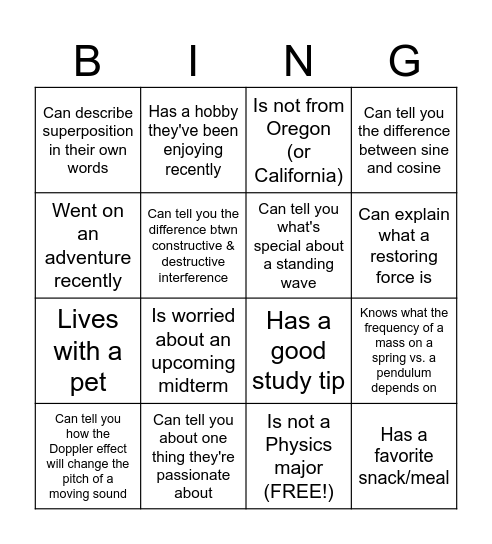 Review & Icebreaker Bingo!   CE PHYS 202 Session 5 Bingo Card