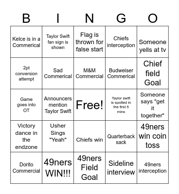 Super Bowl B Bingo Card