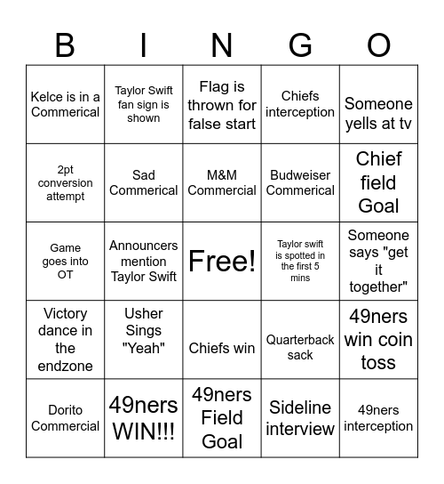 Super Bowl B Bingo Card