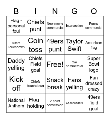 Super Bowl Bingo Card