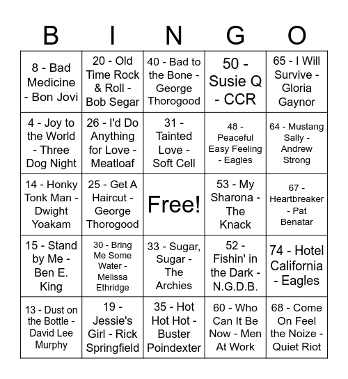 Rock and Roll #2 Bingo Card