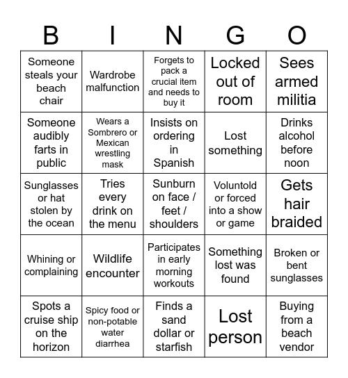 Mexico Family Trip Bingo Card