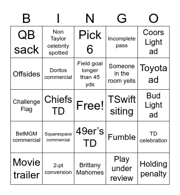 Super Bowl LVIII Bingo Card