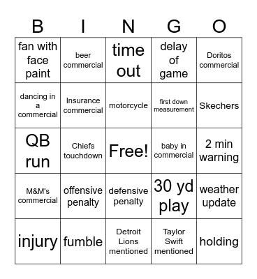 Superbowl Bingo! Bingo Card