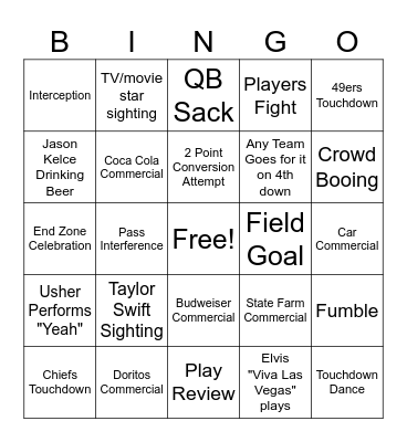 Super Bowl BINGO Card