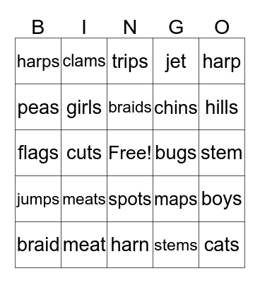 Singular and Plural Bingo Card