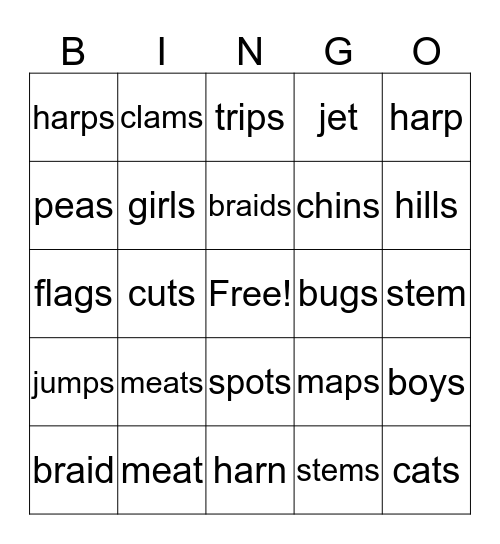 Singular and Plural Bingo Card