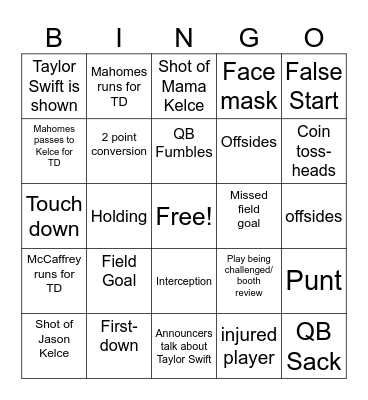 Super Bowl Bingo Card