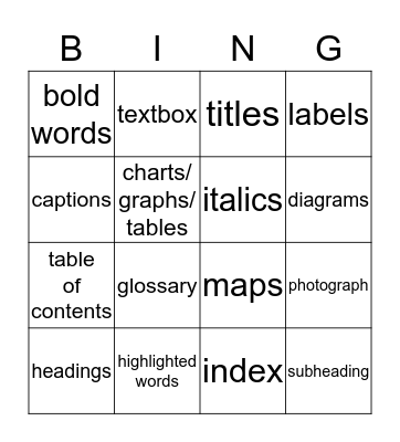Text Features Bingo Card