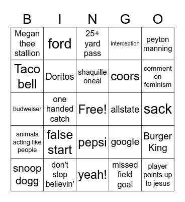 superbowl bingo Card