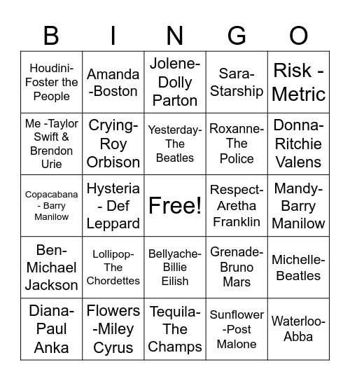 1 Word Titles Musical Bingo Card