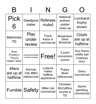 Super Bowl LVIII Bingo Card